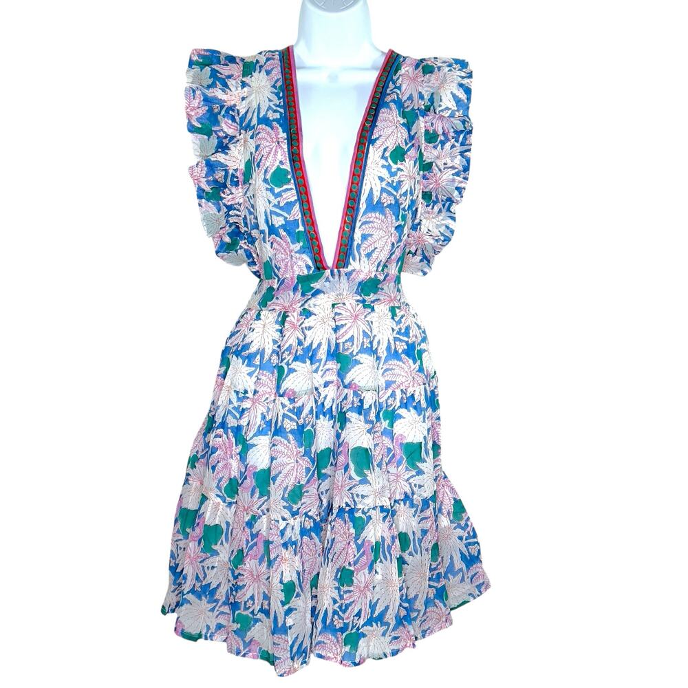 OLIPHANT M NEW Womens Cross Back Mini Dress Deep V Floral Ruffle Feminine